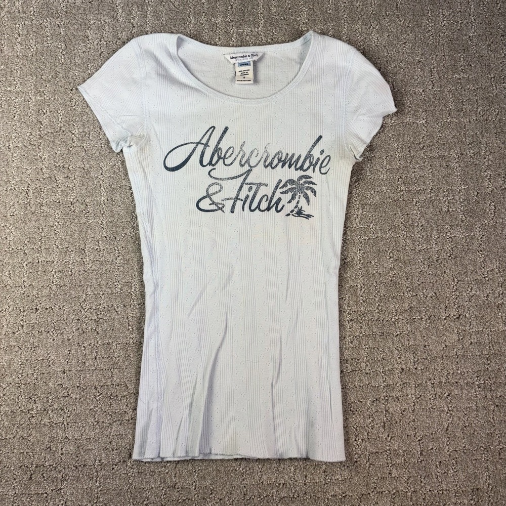 Vintage Y2K Abercrombie & Fitch Ribbed Baby Tee Top White Pointelle Graphic Sz S
